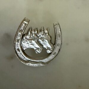 Vintage mcm Silver Horse Head Horseshoe Brooch acrylic Hong Kong toy pin
